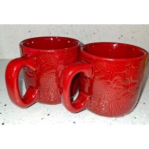 Rare HiEnd Accents Savanna Tooled Leather Look Stoneware Coffee Mugs Red St of 2